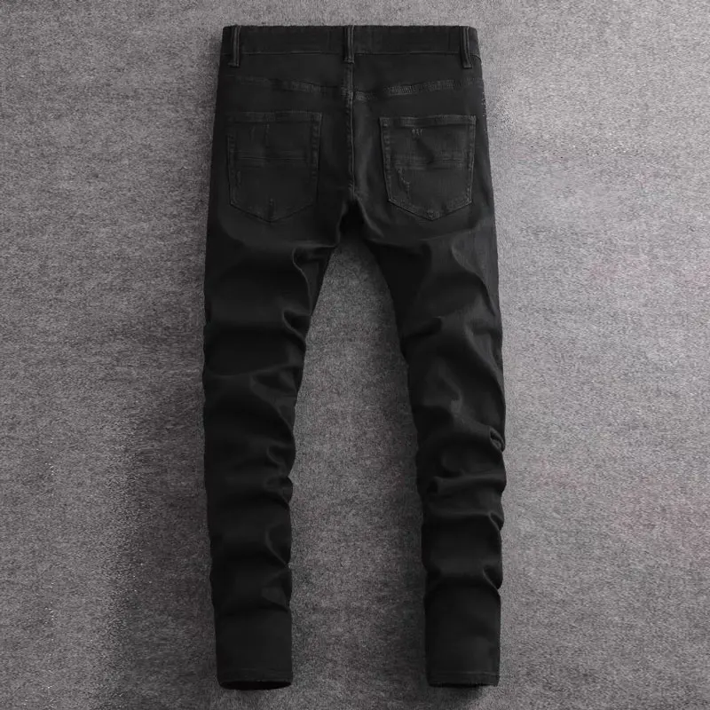y2k high street new jeans with painted pleats, broken holes, bead patches, washed water, nostalgic elasticity, slim fit,