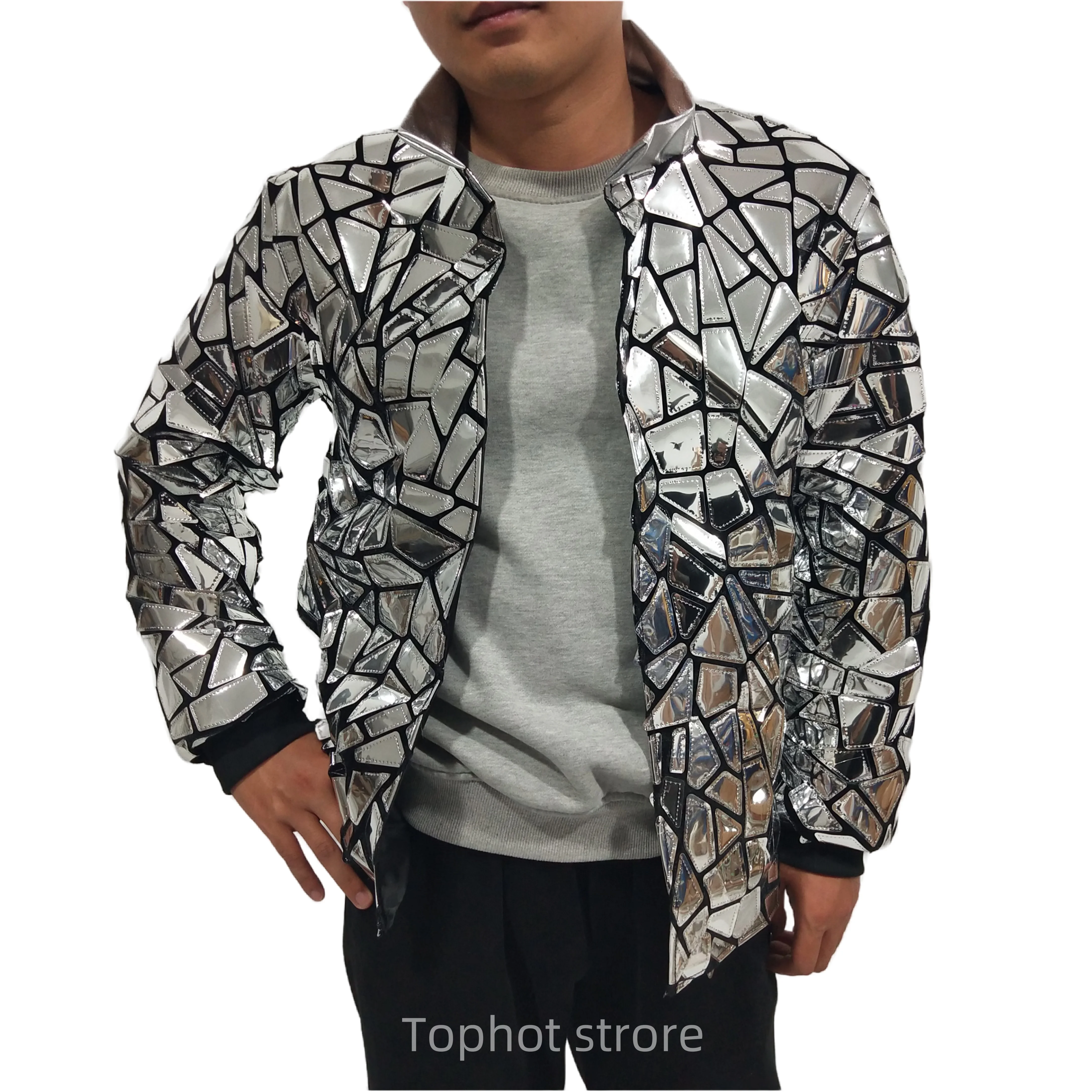 Silver Mirror Jacket Casual Sequins Coat Male Singer Star Stage Performance Costume Long Sleeve Slim