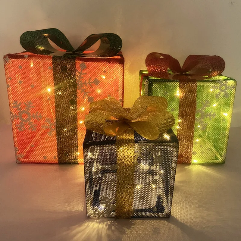 Set of 3 Lighted Gift Boxes Mother's Day Decorations With Battery Box, Snowflake Present Boxes, Gift Box Home Decorations