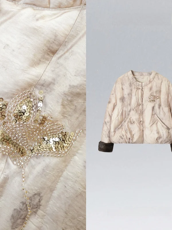 

New Chinese Sle White Goose down Jaet with Fur Sves Embroidered Button Design Thi Warm Mid-Length No Cap