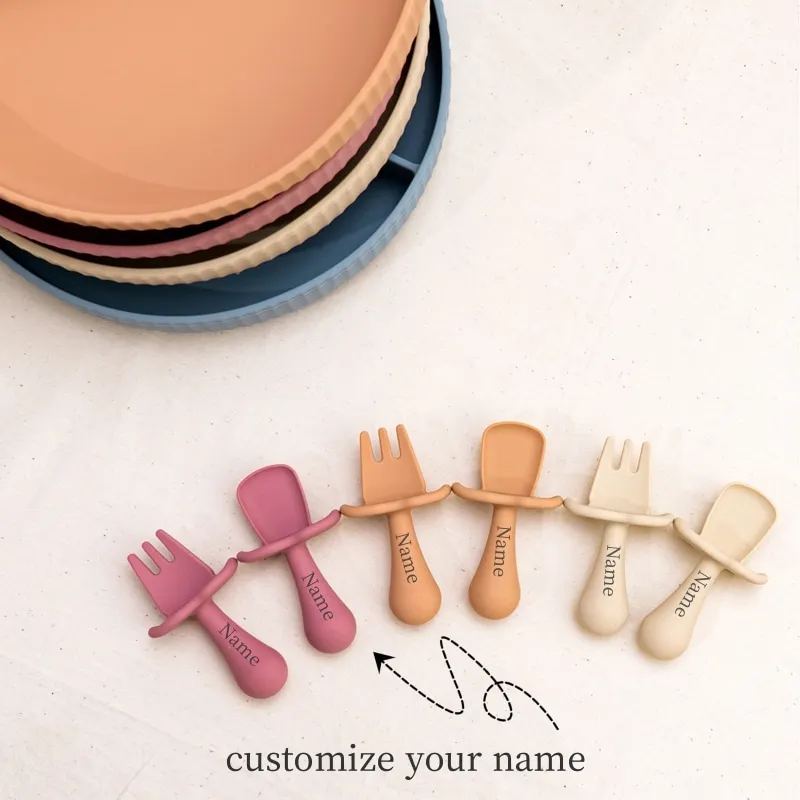 

Custom name Short Handle Silicone Baby Spoon & Fork Set | Toddler Self-Feeding Utensils