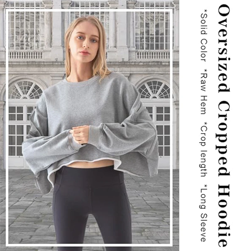 

100% Cotton Women’s Cropped Hoodie Pullover Long Sleeve Crewneck Crop Tops Oversize Loose Casual Streetwear Fashion Sweatshirts