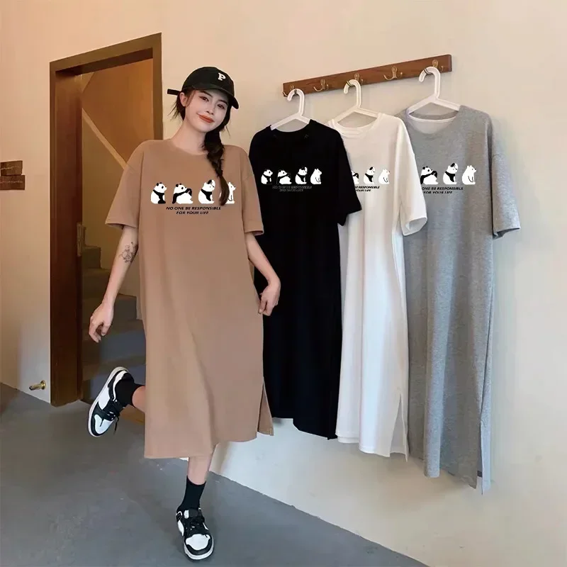 

Summer Cute Panda Print Short Sleeve Dress Loose Ladies Large Size Dress