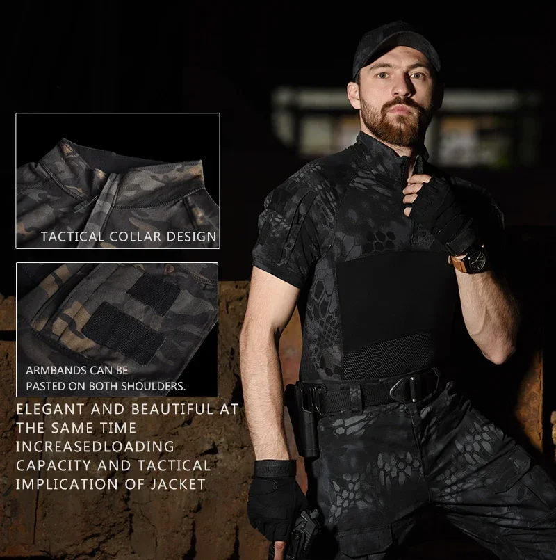 Outdoor Men T-Shirts Tactical Shirt 1/4 Zipper Short Camo TrainingTee Combat Shirts Paintball Hunting Clothing Wear-resistant