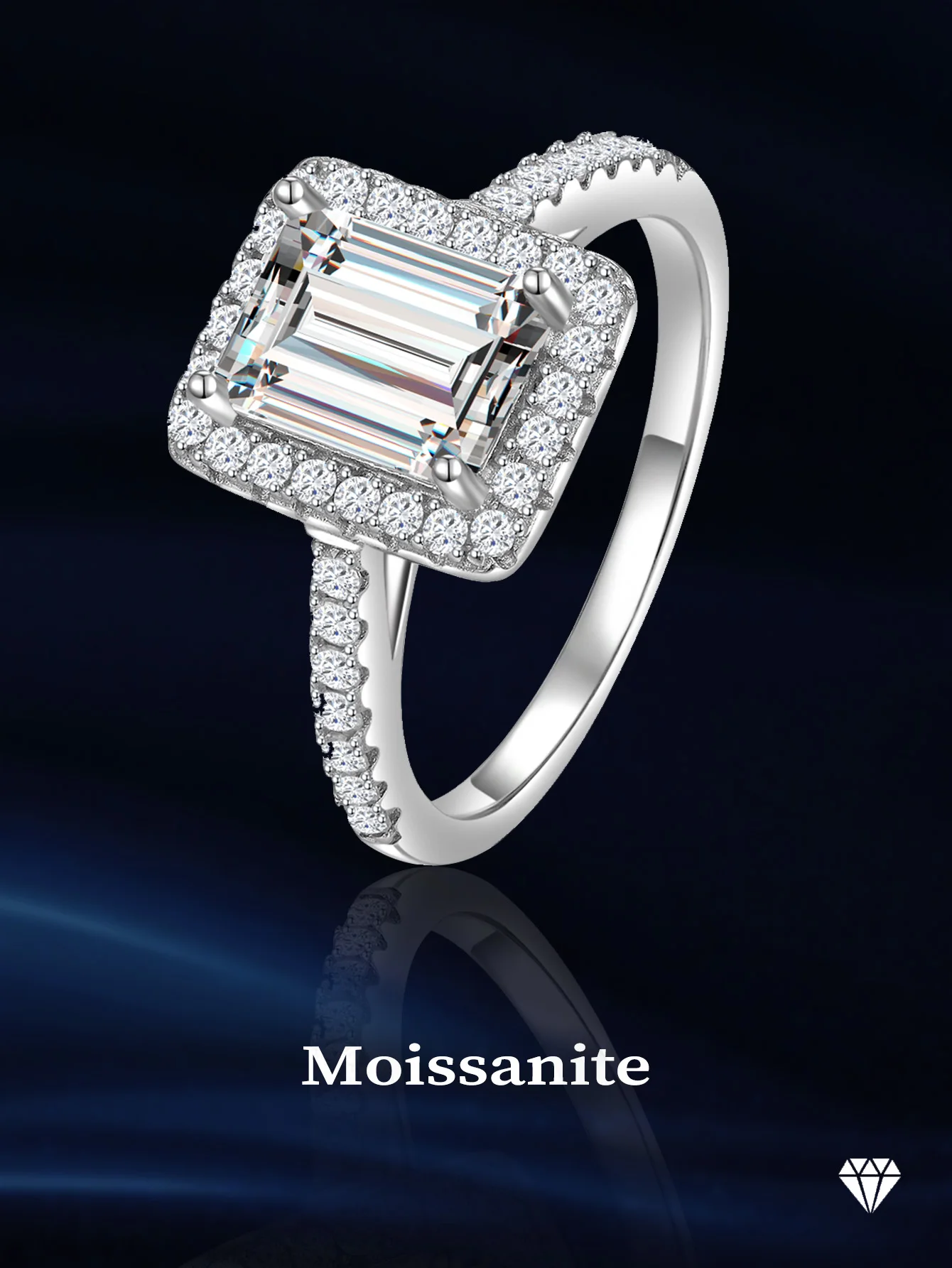 New Arrival 2Carat Halo Emerald Cut Moissanite 925 Sterling Silver Ring for Women Moissanite Wedding Ring Girl