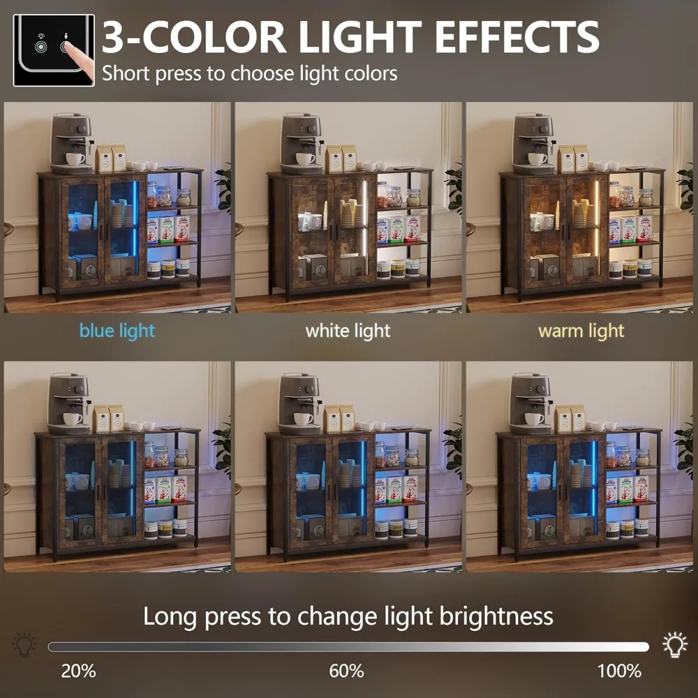 LED Farmhouse Coffee Bar Cabinet, Wine Cabinets with Removable Wine Rack, Buffet Cabinet with Motion Sensor for Kitchen, Dining