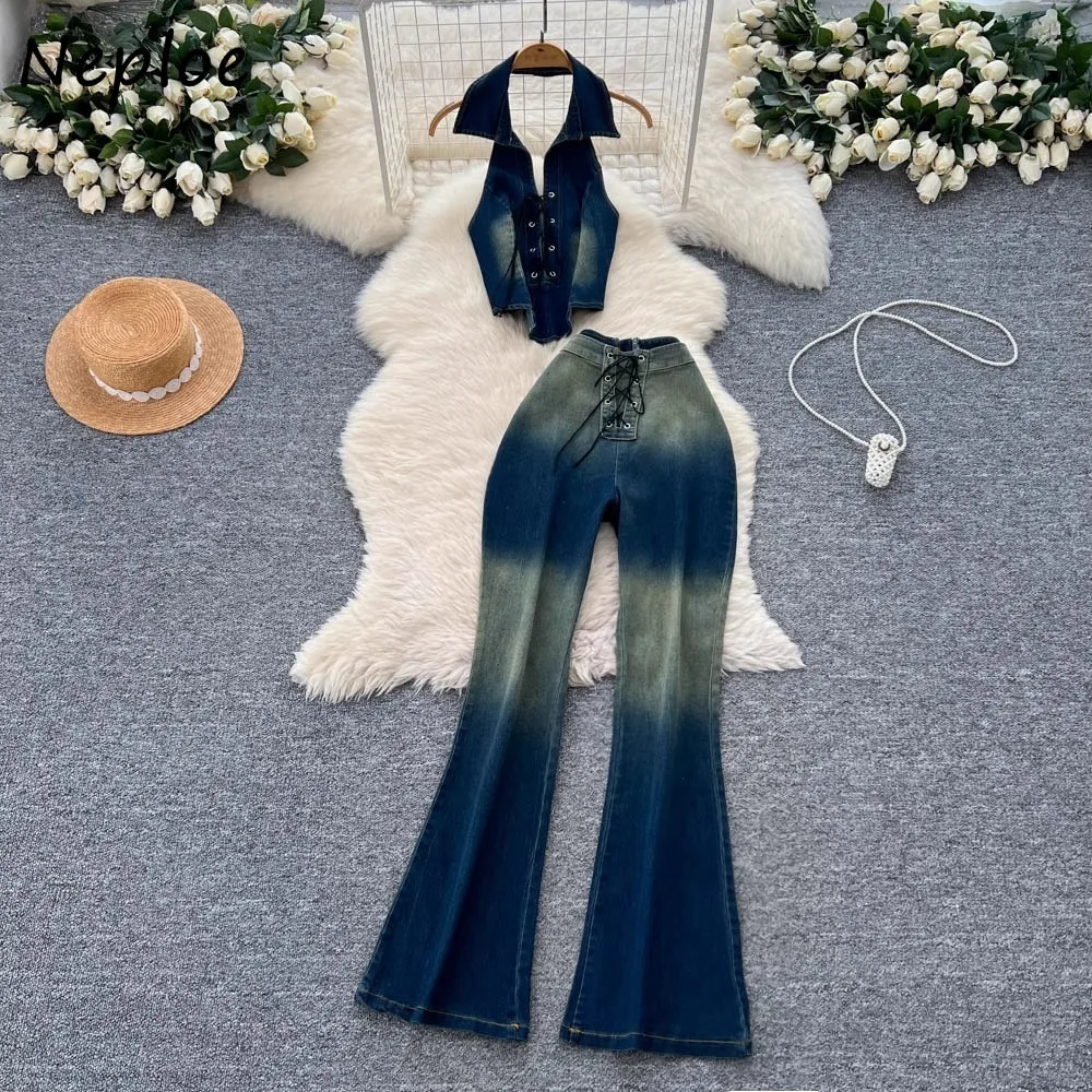

Neploe Sweet Spice Girls Cruel Halter Set Sleeveless Vest Vintage High Waist Slim Flare Pants Denim Gradient Moda Suit Trousers