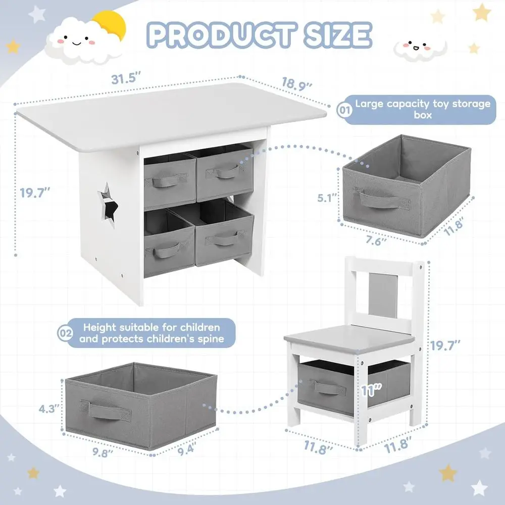 Ensemble bureau et chaises pour tout-petits en bois gris avec 2 chaises et 6 bacs de rangement, meubles pour enfants résistants à l'eau