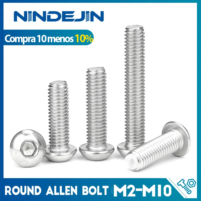 NINDEJIN-Parafusos De Soquete De Hexágono De Aço Inoxidável, Cabeça De Botão, Cabeça Redonda, Parafusos De Parafuso Allen, M2, M2.5, M3, M4, M5, M6, M8, M10, ISO7380