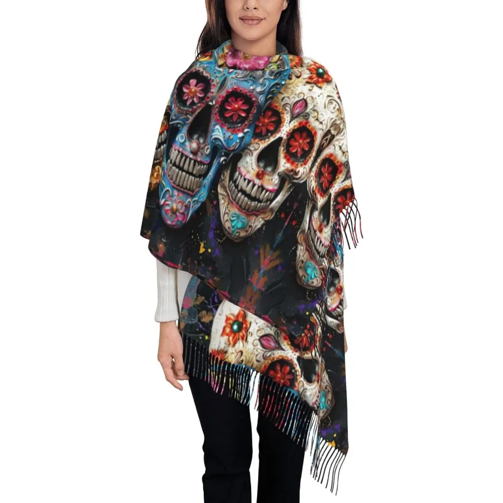 

Шаль с принтом сахарных черепов, шарф для женщин, зимний шарф для женщин, свадебный шарф, теплые шарфы