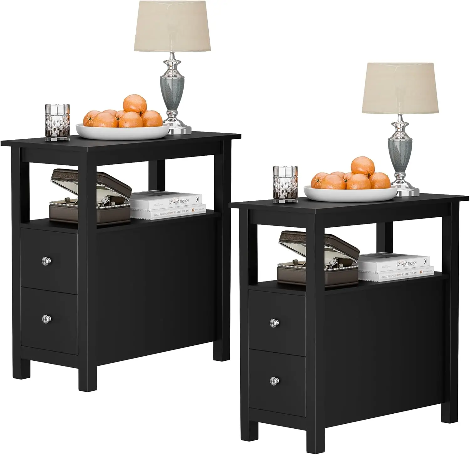 Zeny Narrow End Table Set Of 2 Side Table With Drawer And Open Shelf Sofa Table For Living Room Bedroom, Small Table For