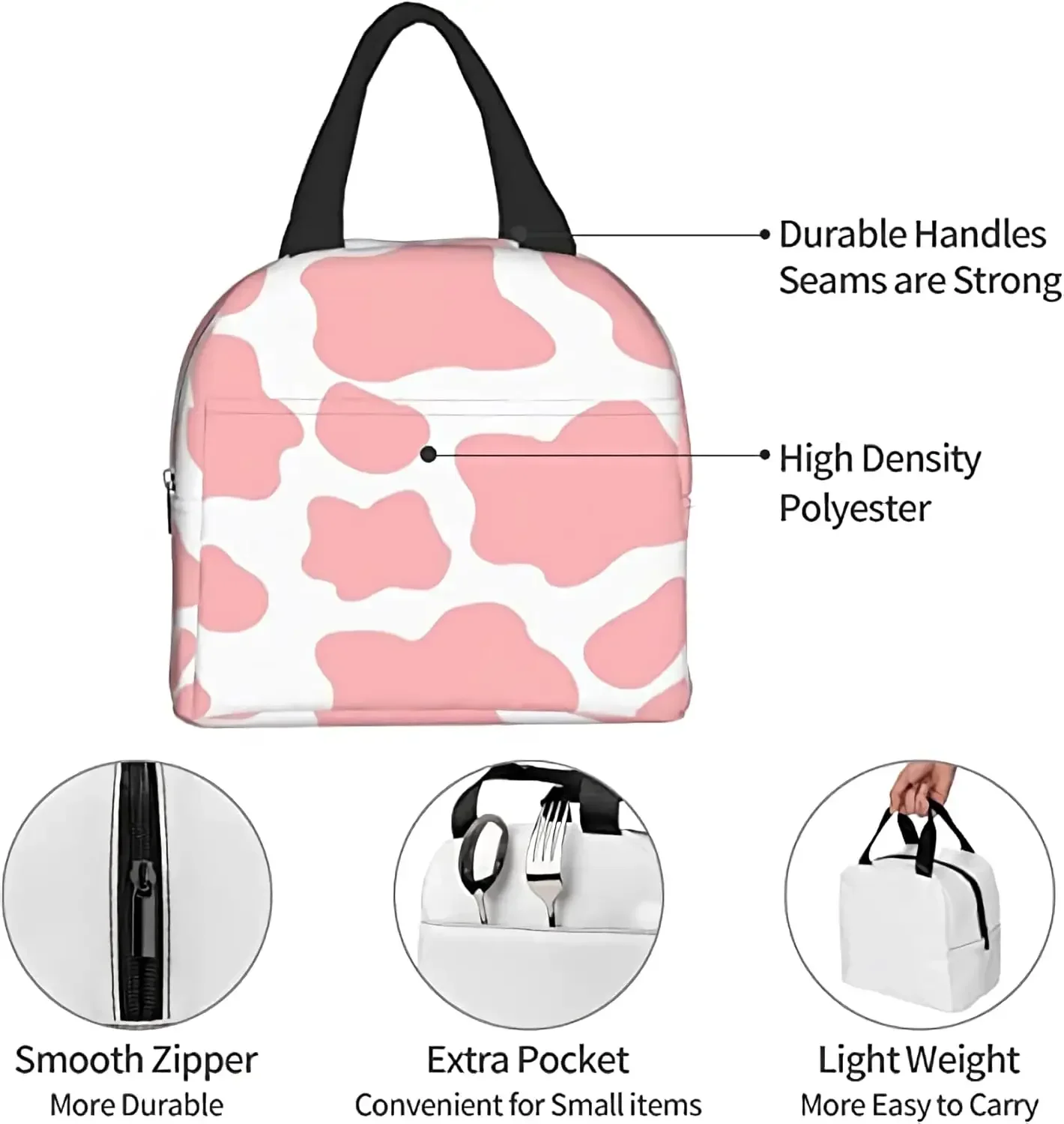 Insulated Lunch Bag Reusable Women Lunch Boxes Waterproof Lunch Tote for Picnic Office Work, Cute Pink Strawberry Cow print