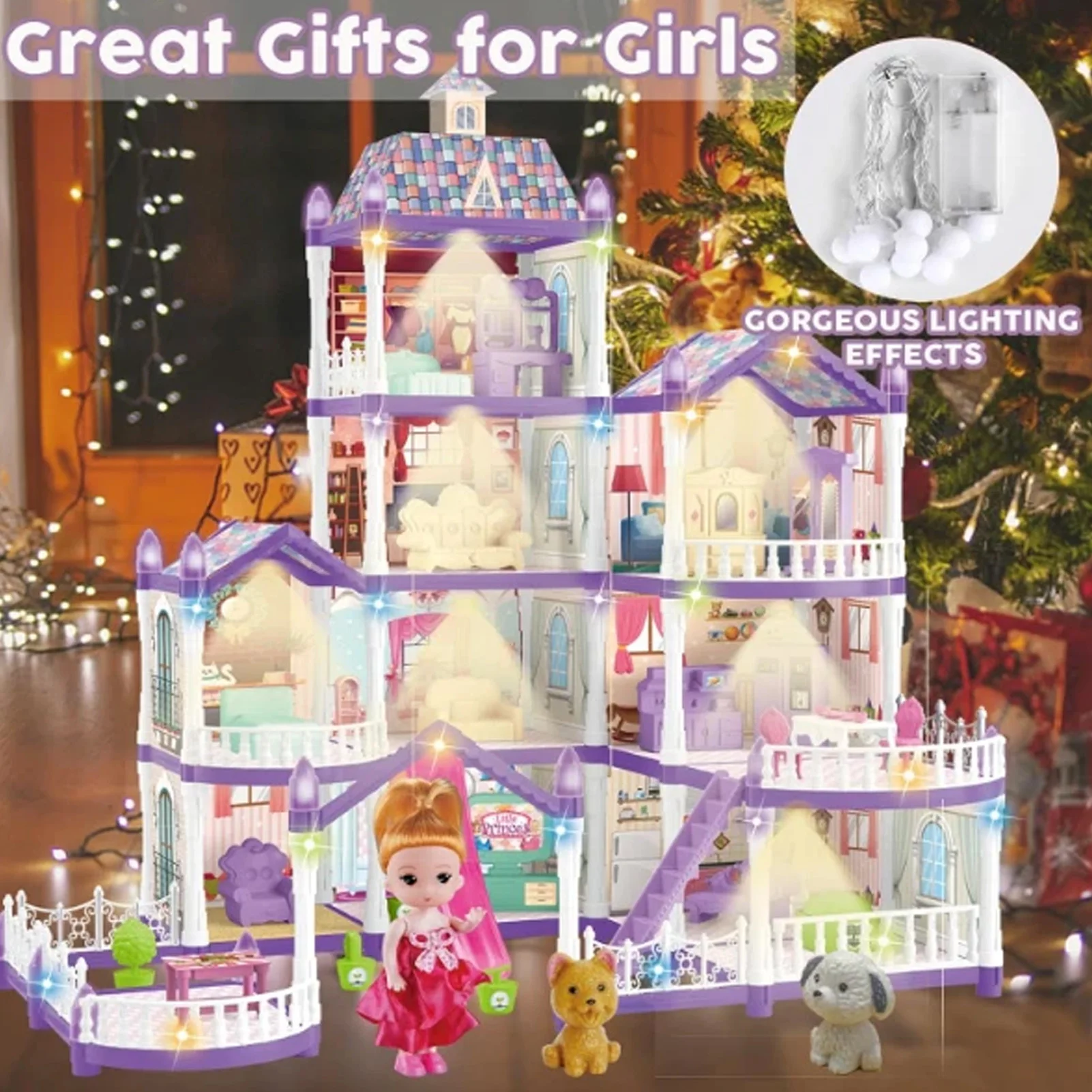 Domek dla lalek 4 piętra 13 pomieszczeń miniaturowy zestaw do składania willa z 3 księżniczkami i 2 szczeniaczkami oraz akcesoriami meblowymi dla dzieci
