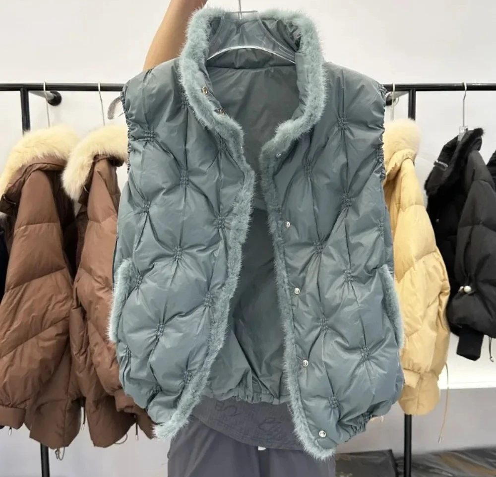 Nieuwe Borduren Vest FemaleOuterwear Winter Vrouwen Echte Natuurlijke Nertsen Bont Jas Warm Witte Eend Donsjack Mouwloos