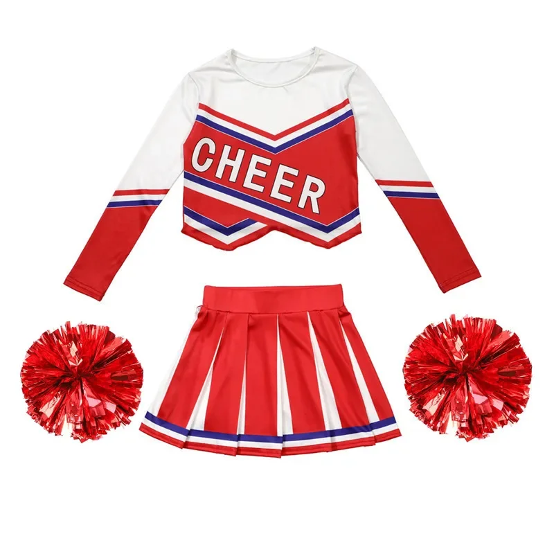3-12Y Cheerleader Jurk (Met Handbloem) Gedrukte Letter T-shirt Voetbalspel Festival Cosplay Kleding Blauw Rode Rok