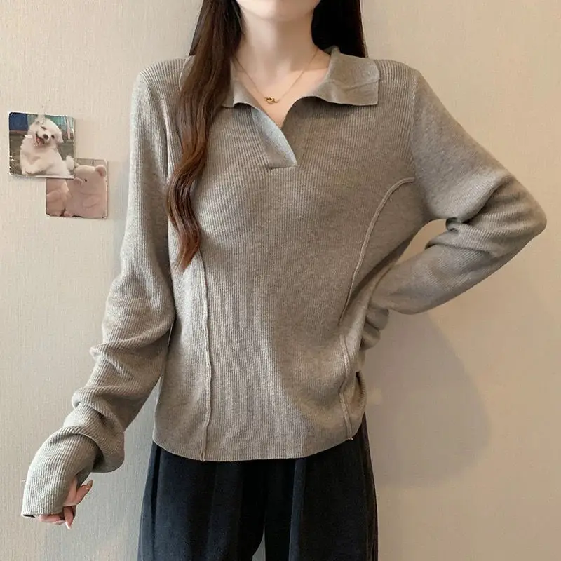 

Polo-Neck Loose Sweaters Female Clothing Solid Color Spliced Autumn Winter Korean Long Sleeve Basic Screw Thread Knitted Jumpers