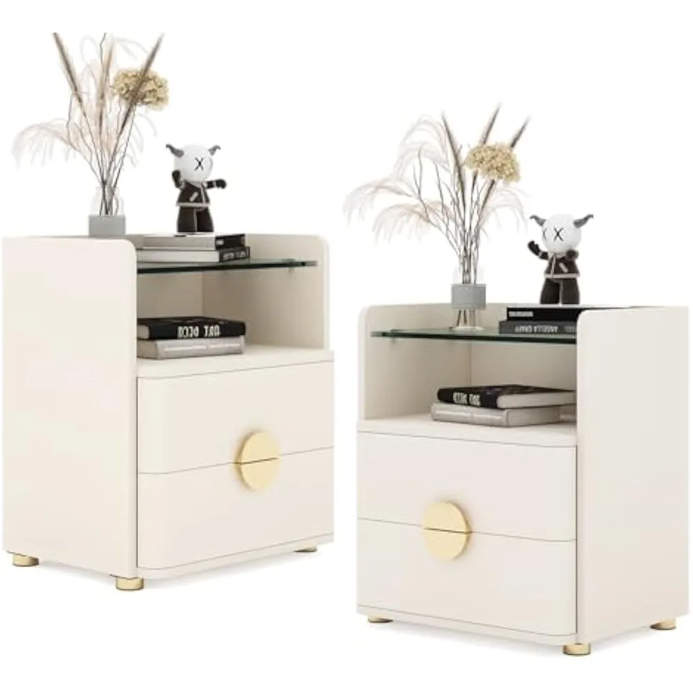 

2-Drawer Nightstands Set of 2, Modern Night Stand with Open Tempered Glasses Storage Space, Wooden Bed Side Table for Bedroom, S