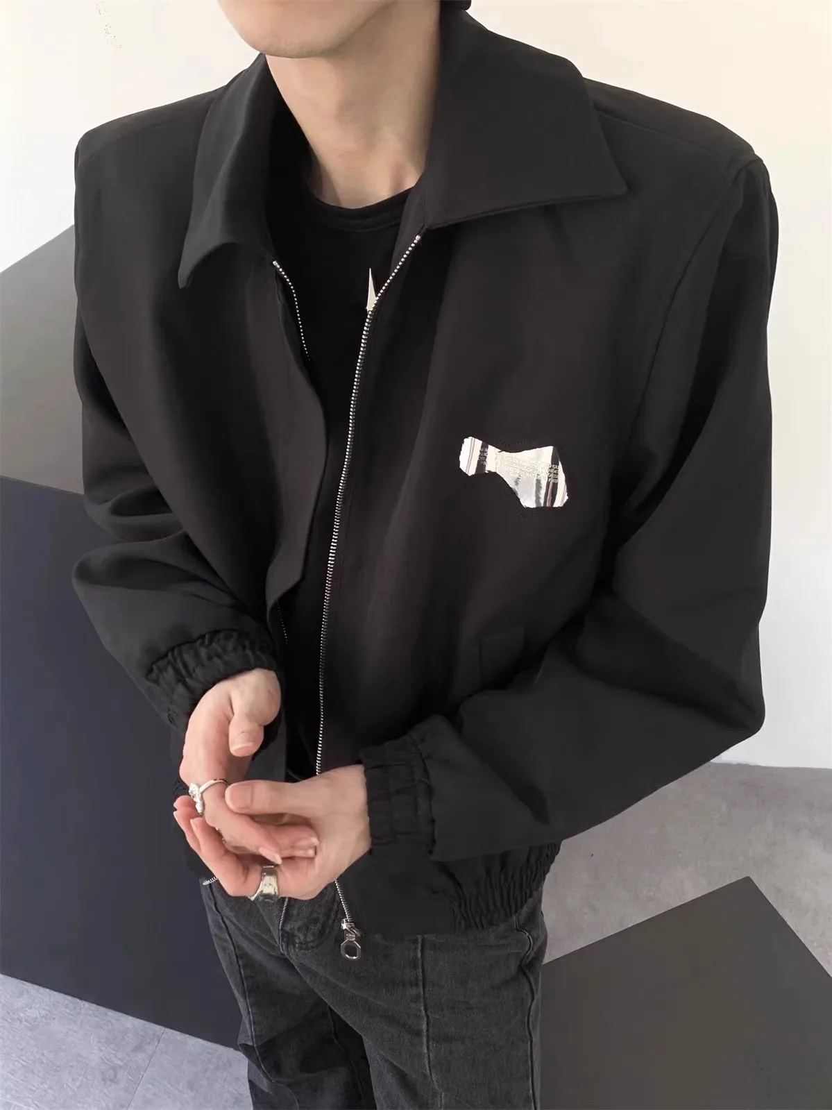 

Korean Sle mat Metal High-End oulder Pad Men's ort Bla Jaet Youth Faion Autumn Season Zipper Closure Loose...