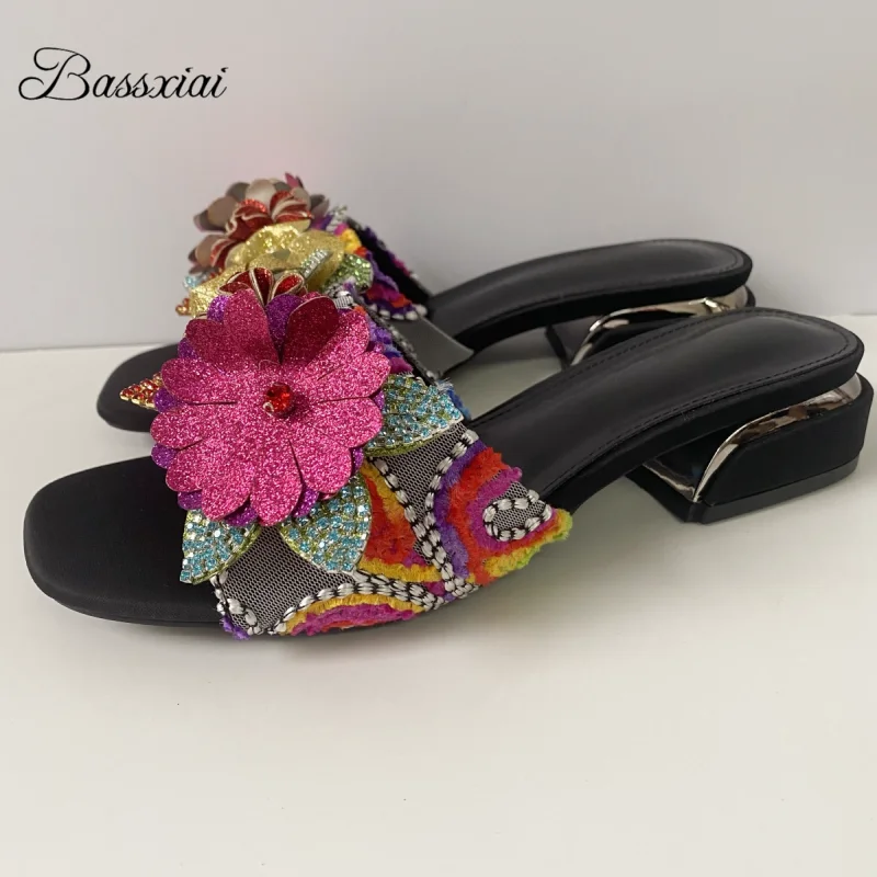 Colorful Crystal Bling Sequins Flower Decor Mules Summer Slingbacks Open Toe Embroidery Mesh Air Slip-On Outwear Women Slippers