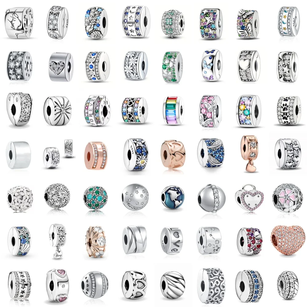 

Europe Original Charms 925 Silver Heart-shaped circle Clip Beads Zircon Spacer Beads for Bracelet Accessory Women DIY Gift Party