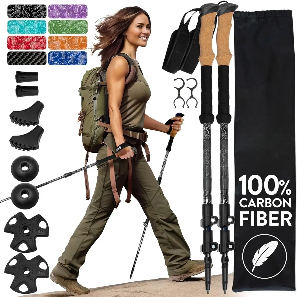 100% Carbon Fiber Trekking Poles Ultra Strong Lightweight Collapsible Hiking Poles w/Cork  Grips & Quick Adjustable Flip Locks