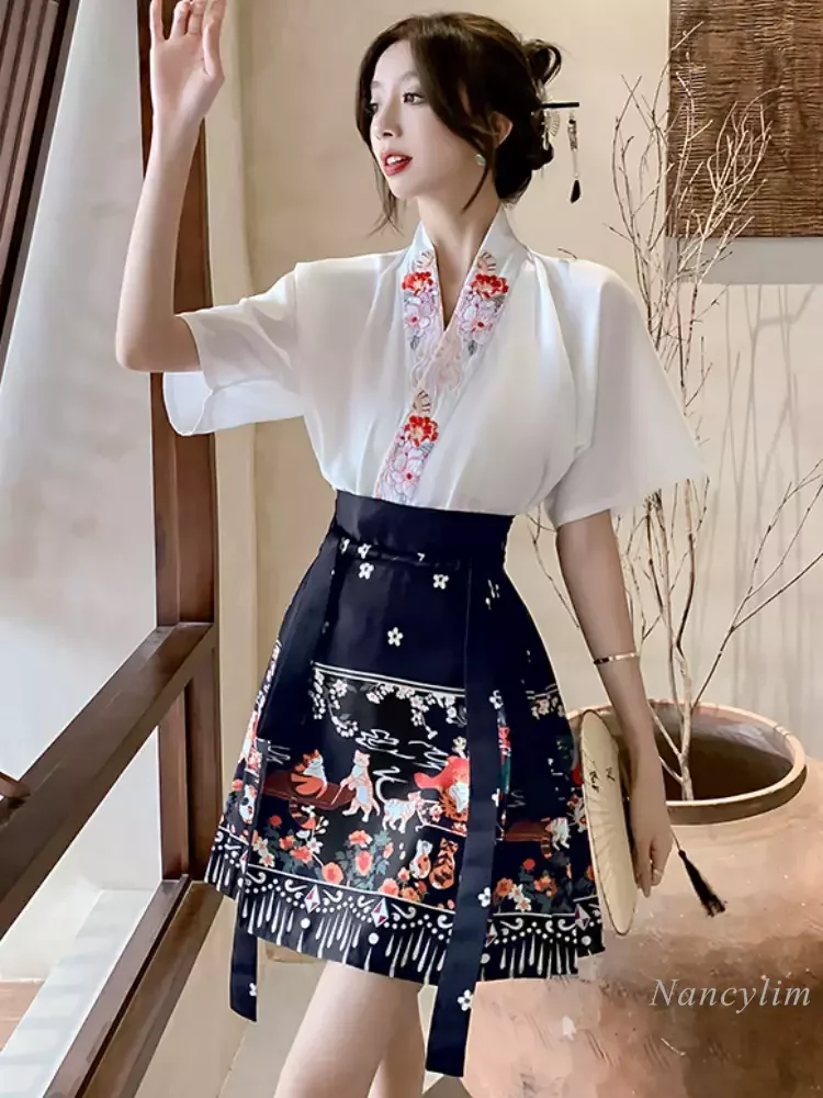 

Short Horse-Face Skirt Suit Women's 2 Piece Set 2024 New Summer Embroidered Blouse Chinese Style Improved Hanfu Skirt Outfits