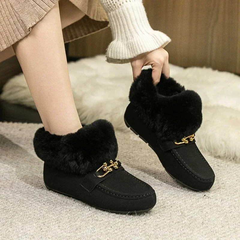 Faux Suede Women\'s Boots 2023 Winter Plush Warm Ladies Snow Boots Simple Solid Slip-on Casual Flat Shoes Botines Para Mujeres