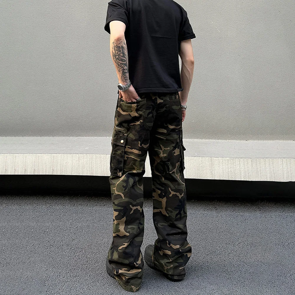 Mens Denim Trousers Vintage American Retro High Street Camouflage Functional Design Straight Durable Versatile Trousers Summer