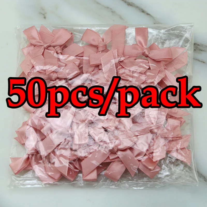 (50 Pcs) 4cmx4cm Fresh Pink Ribbon Bows Small Size Polyester Satin Ribbon Bow Flower Handwork DIY Craft Decoration