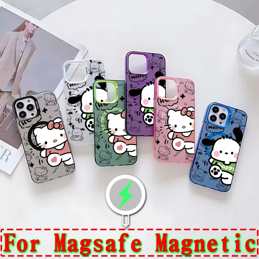 Cartoon Pochacco Hello Kittys Magsafe Magnetic Phone Case for IPhone 11 12 13 14 15 16 Pro Max Plus Creative Silver Plated Cover