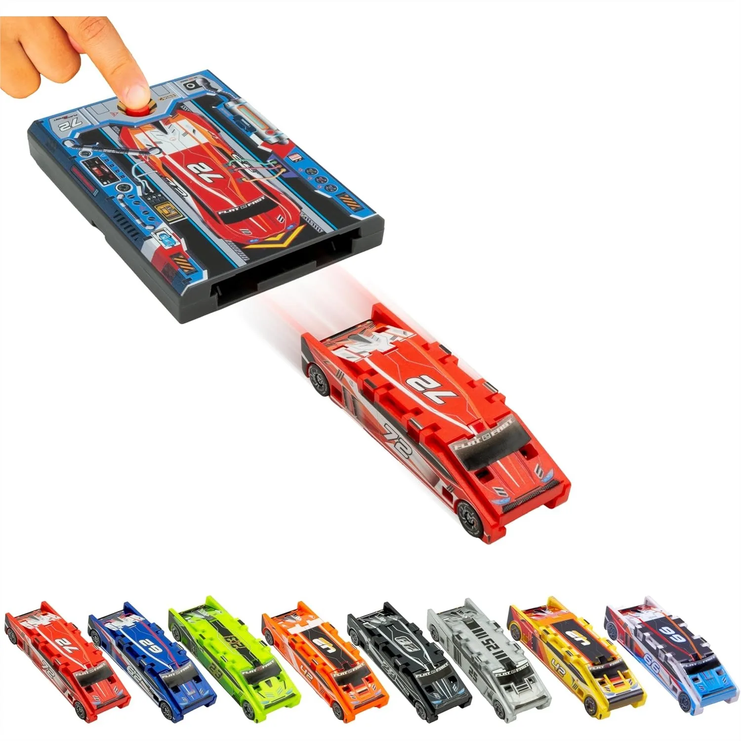 

Original Flat 2 Fast Stunt Card Racer Launcher, Pocket Size Racecar with Button for Stunt Launching, Compact Crimson Red Toy