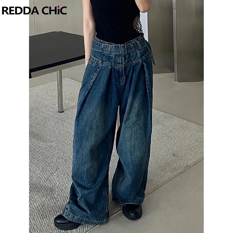 

ReddaChic Self-belt Pleated Baggy Jeans for Women Vintage Blue Washed Denim Pants Wide Leg Casual Ladies Trousers Y2k Streetwear