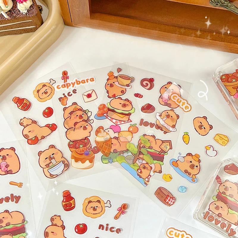 10Pcs Capybara Handbook PET Stickers Cartoon Capybara Students DIY Stickers Waterproof Water Stickers Cell Phone Case Stickers