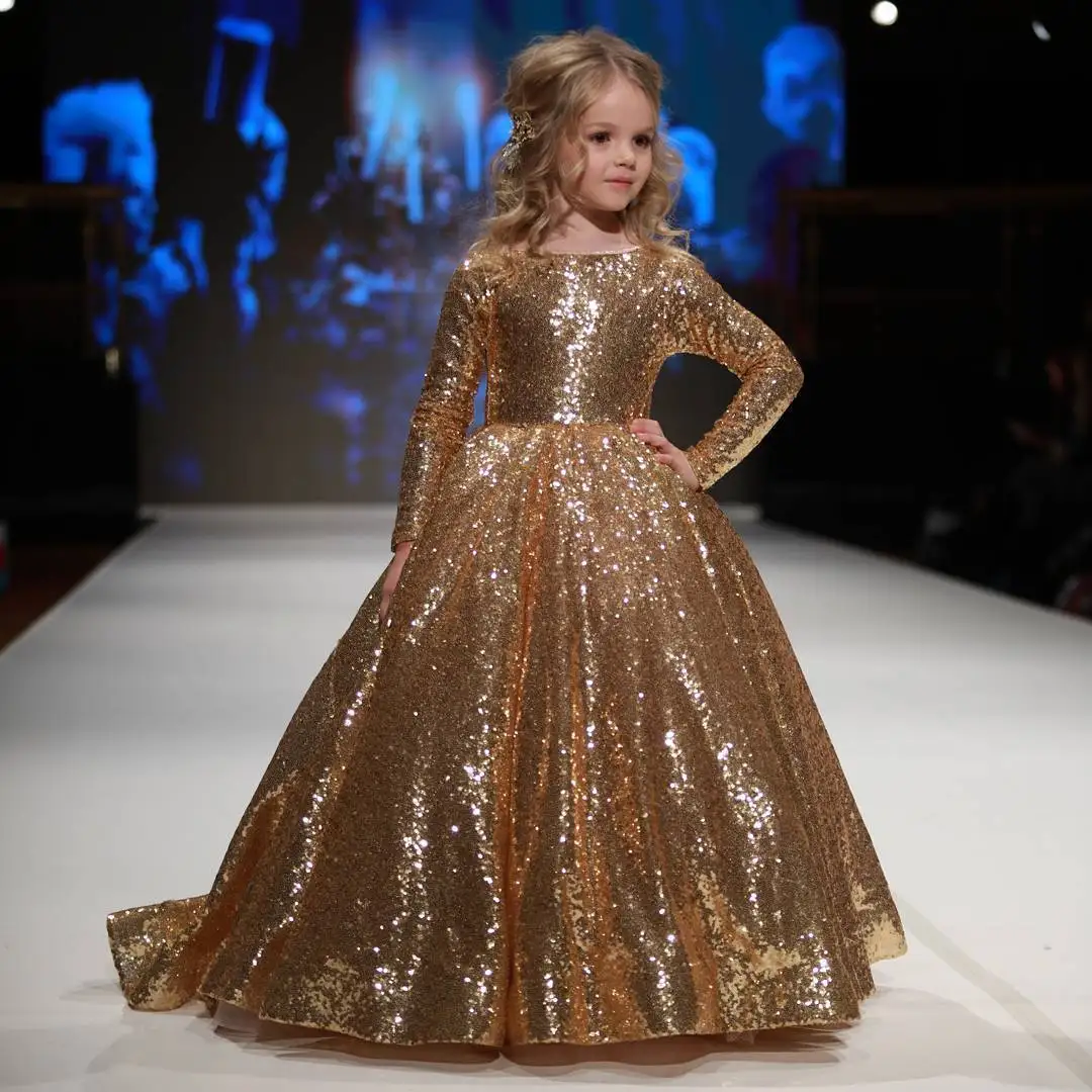 Golden Sequins Girl's Princess Dress Puffy Yarn Children's Dress Model Show Dress Long Dress Super Foreign Style