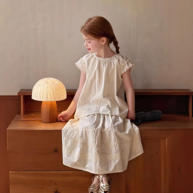 

Комплект из 2 предметов: хлопковый повседневный наряд для девочек на весну-лето, топ с кружевом и юбка-платье для малышей, 3-12 лет