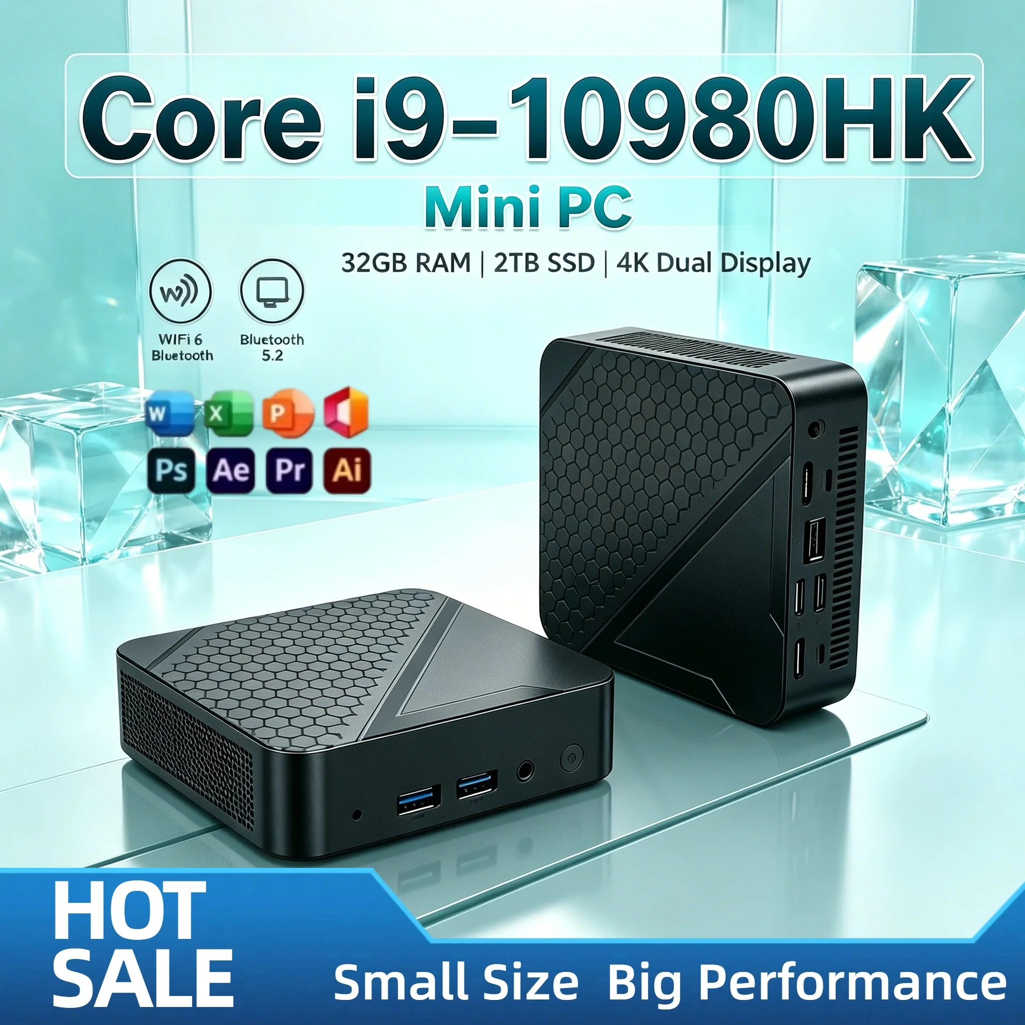 2026 인텔 코어 i9 10980HK 휴대용 미니 PC 16GB DDR4 M.2 NVMe SSD 트리플 4K WiFi6 저소음 쿨링 사무실/가정용 데스크탑 프로