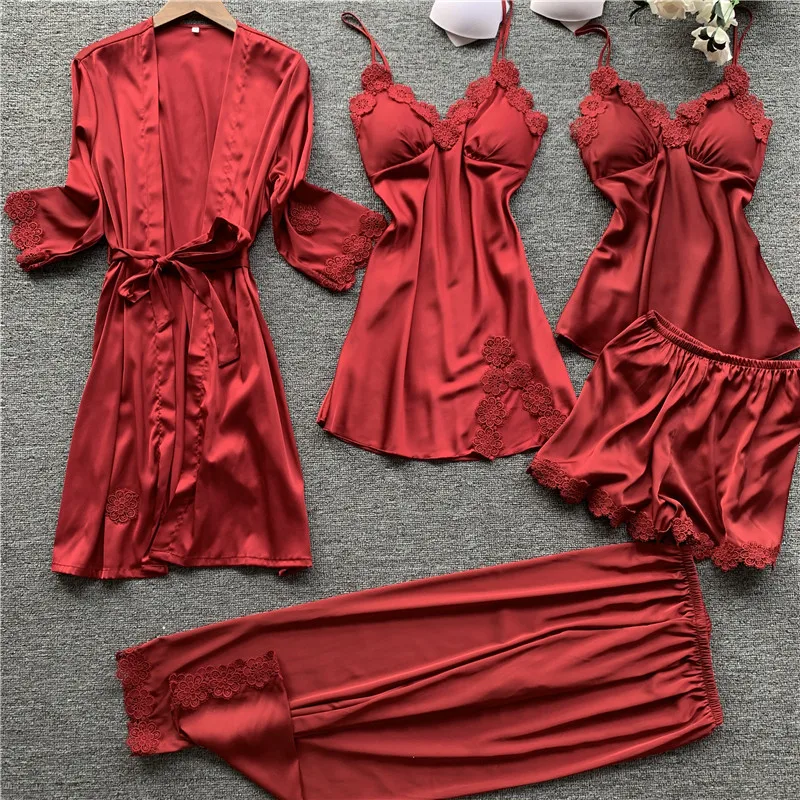 Pajamas Five Piece Set Sexy Lace Trim Nightgown Nightwear Spring Summer Women Bath Robe Loose Silk Satin Home Wear Pijamas Suit