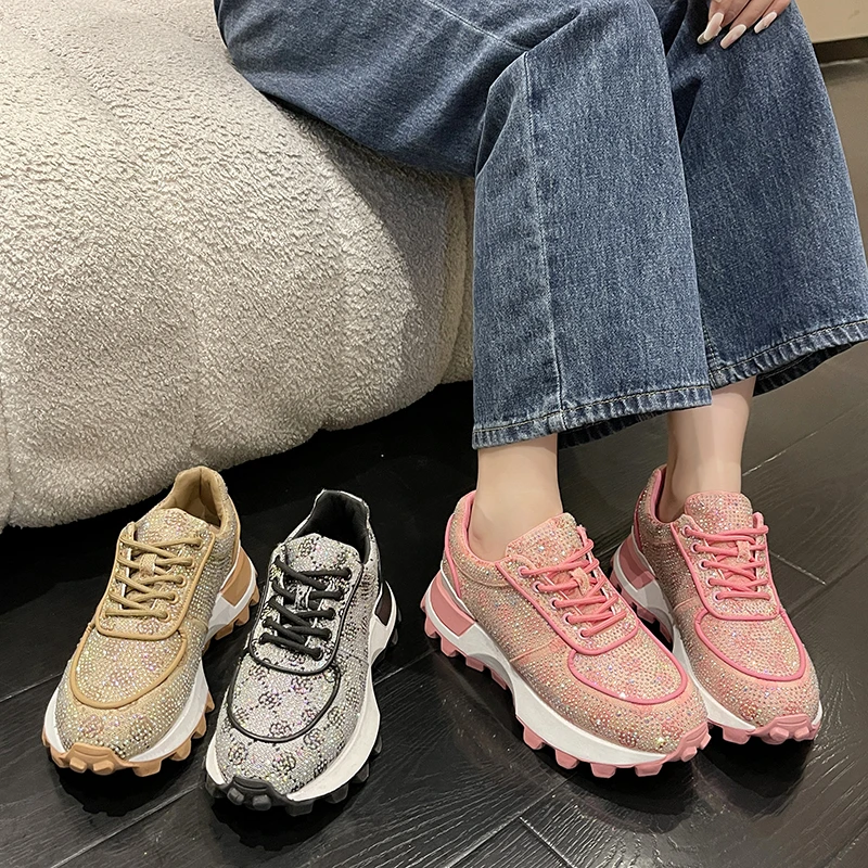 Scarpe sportive per le donne scarpe da papà Casual primaverili nuove scarpe da ginnastica in pelle con strass con suola spessa per le donne Sneaker