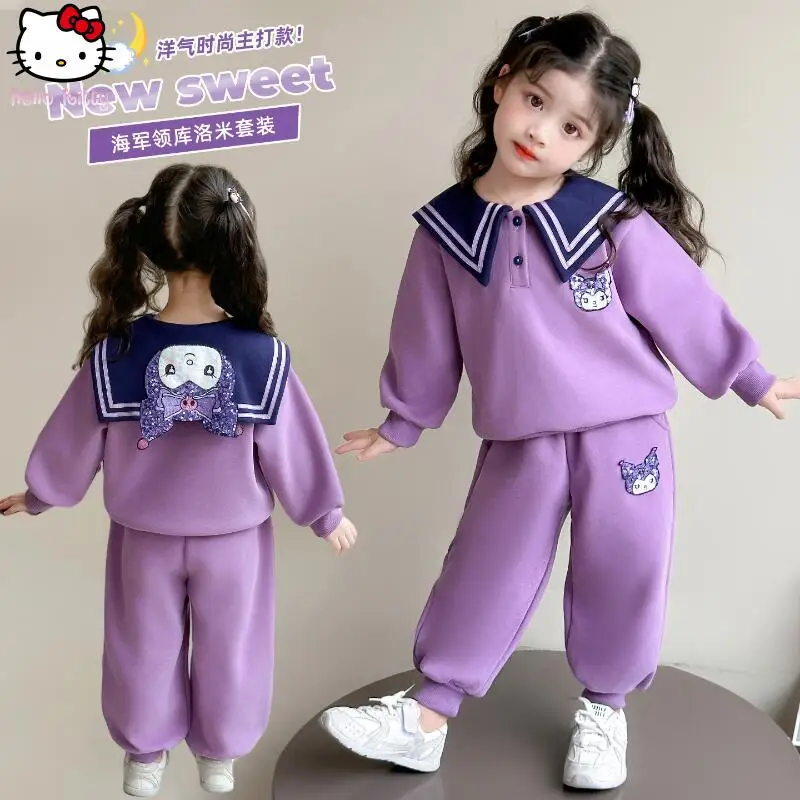 

Детский свитшот Sanrio Kuromi в стиле аниме, весенне-осенний новый спортивный костюм для отдыха, брюки с длинными рукавами для девочек, милый темно-синий пуловер с воротником