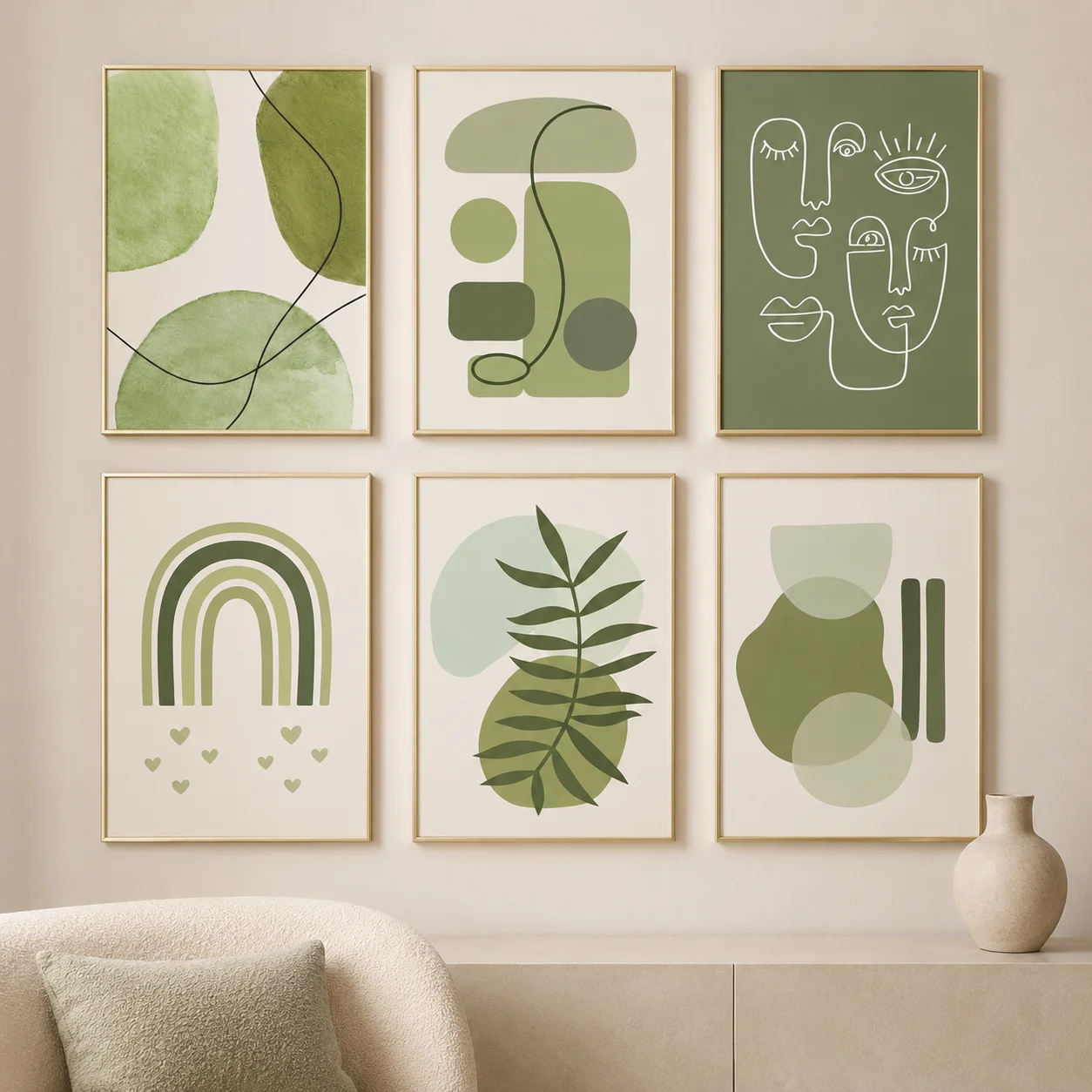 1pc frameless Canvas Painting Sage Green Abstract Line Art Canvas Gallery Wall Prints Minimalist Geometric Leaf Face Wall Art Bo