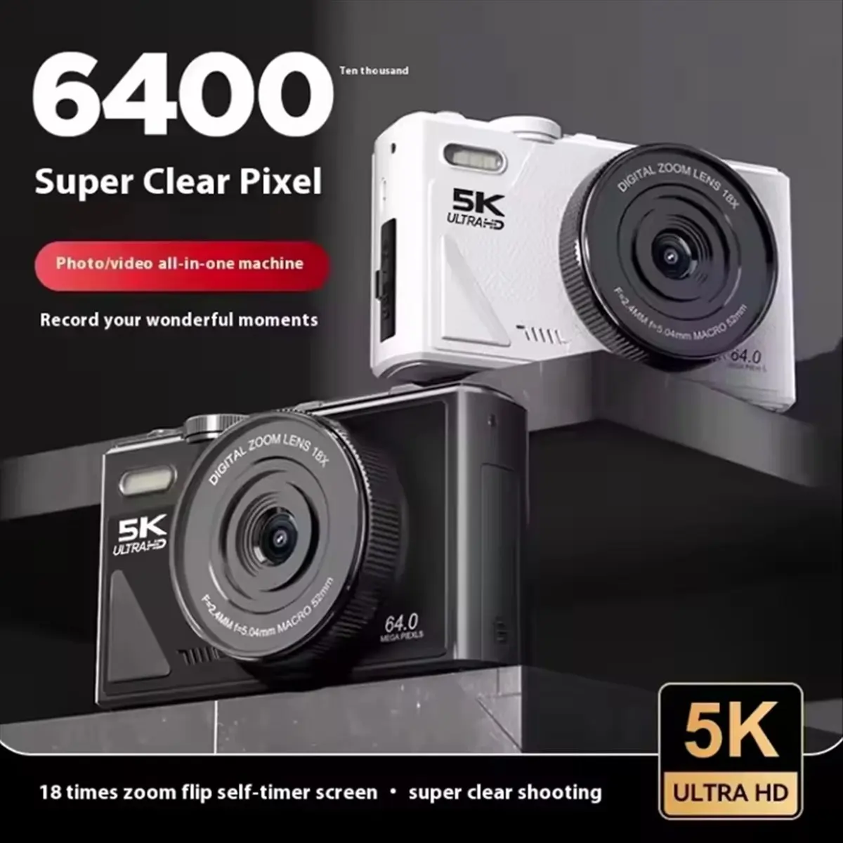 

Цифровая фотокамера A73T 5K с 18-кратным цифровым зумом, винтажный видеорегистратор для видеоблогов, 180° ° Самоходная камера с поворотным экраном, черная