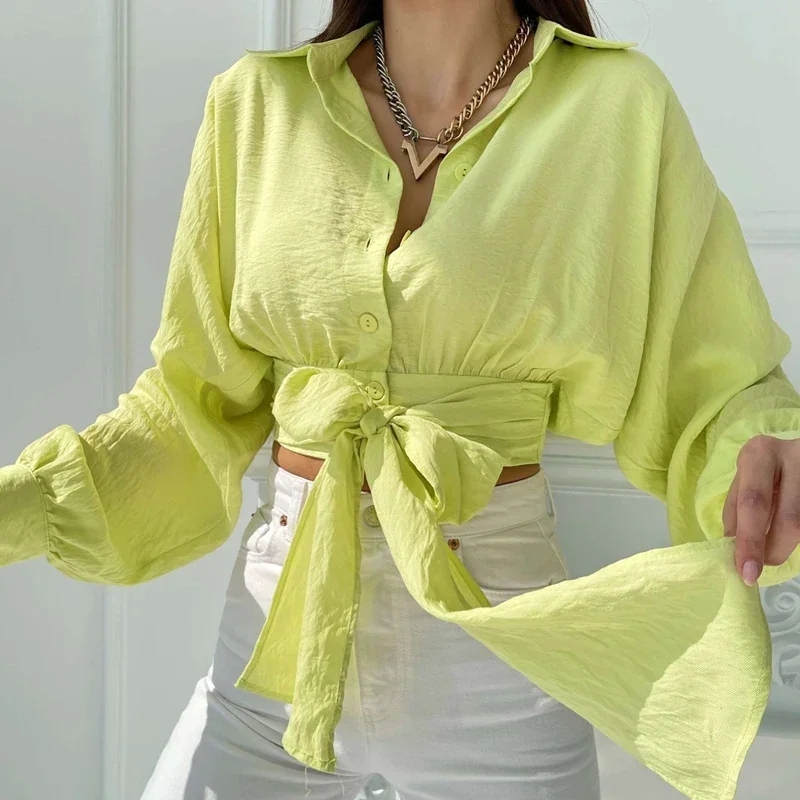 Spring Summer Casual Lapel Sexy Blouse Slim Fit Elegant Crop Tops Fashion Outerwear Thin Breathable  Style Ladies Femme Casual