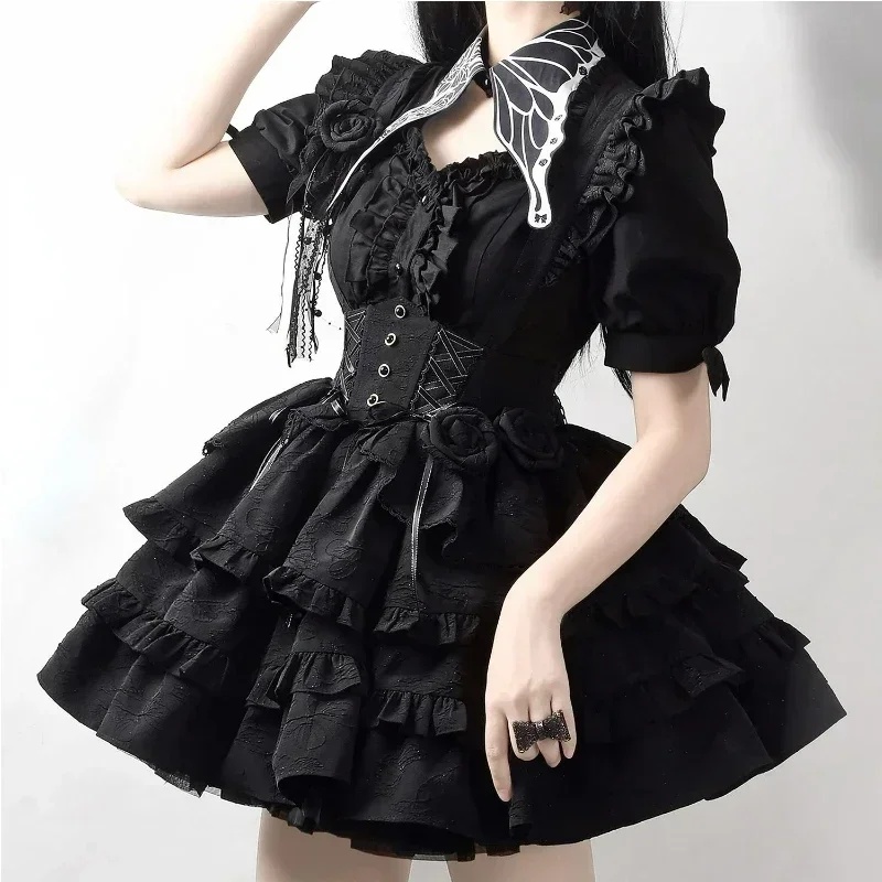 

Japanese Victorian Gothic Lolita Dress Women Punk Style Rose Bow Sleeveless Bandage Strap Dresses Harajuku Y2k Party Mini Dress