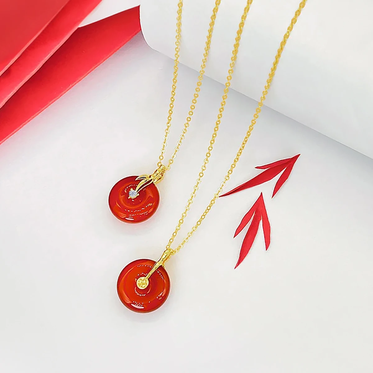 

18K Gold 925 Sterling Silver Necklace for Women Natural Red Agate Peace Buckle Pendant Lucky Style Jewelry Gift Anniversary