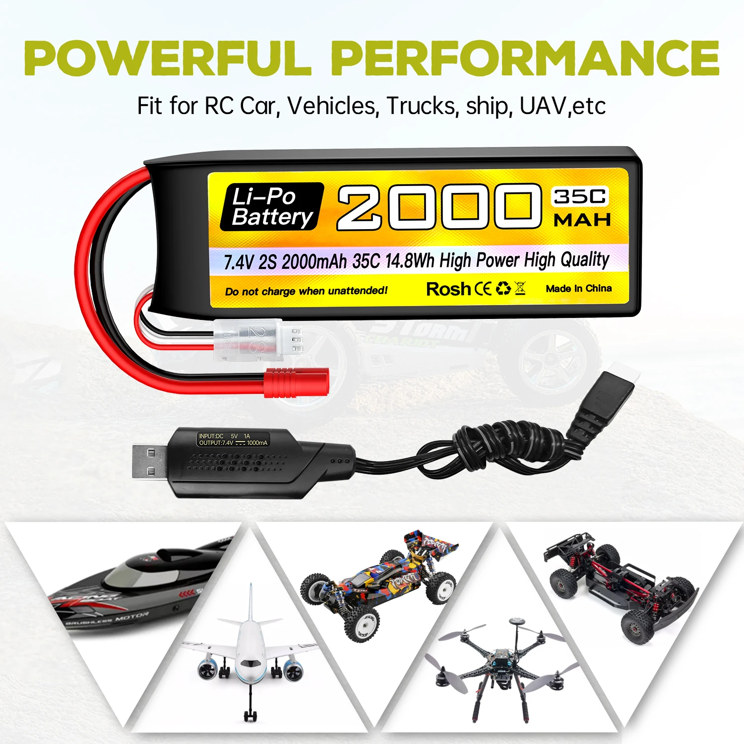 2S Lipo Battery 7.4V 2000mAh 35C With T/Banana/XT60/XT30/EC2 Plug And USB Charging Cable For RC Car,Boat,RC Quadcopter Battery