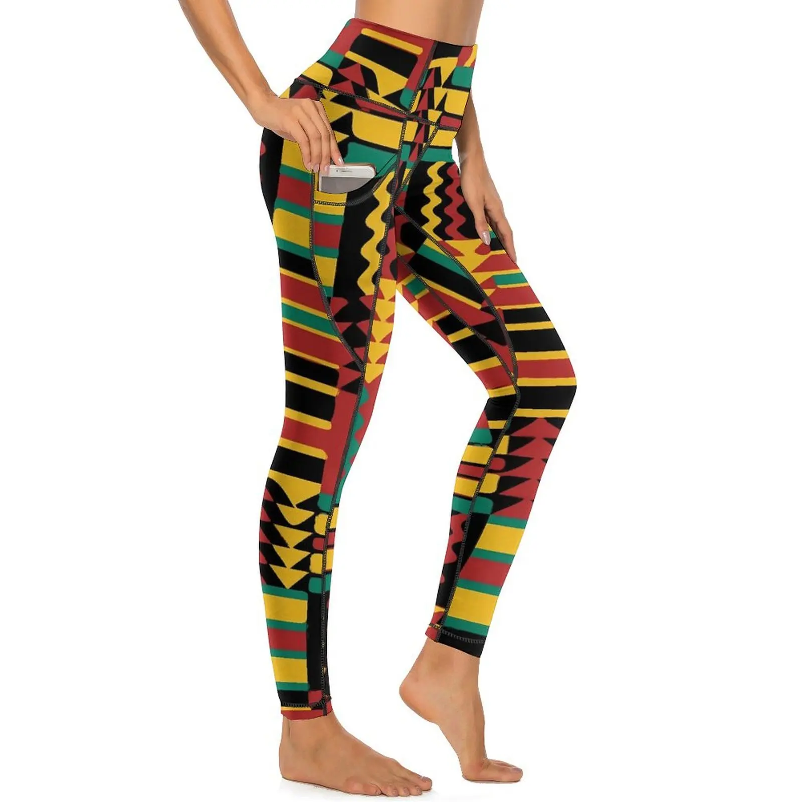 Kente-Pantalon de yoga géométrique vintage, leggings graphiques, collants de sport, collants push-up, sexy, rétro, couleurs Rasta, mode