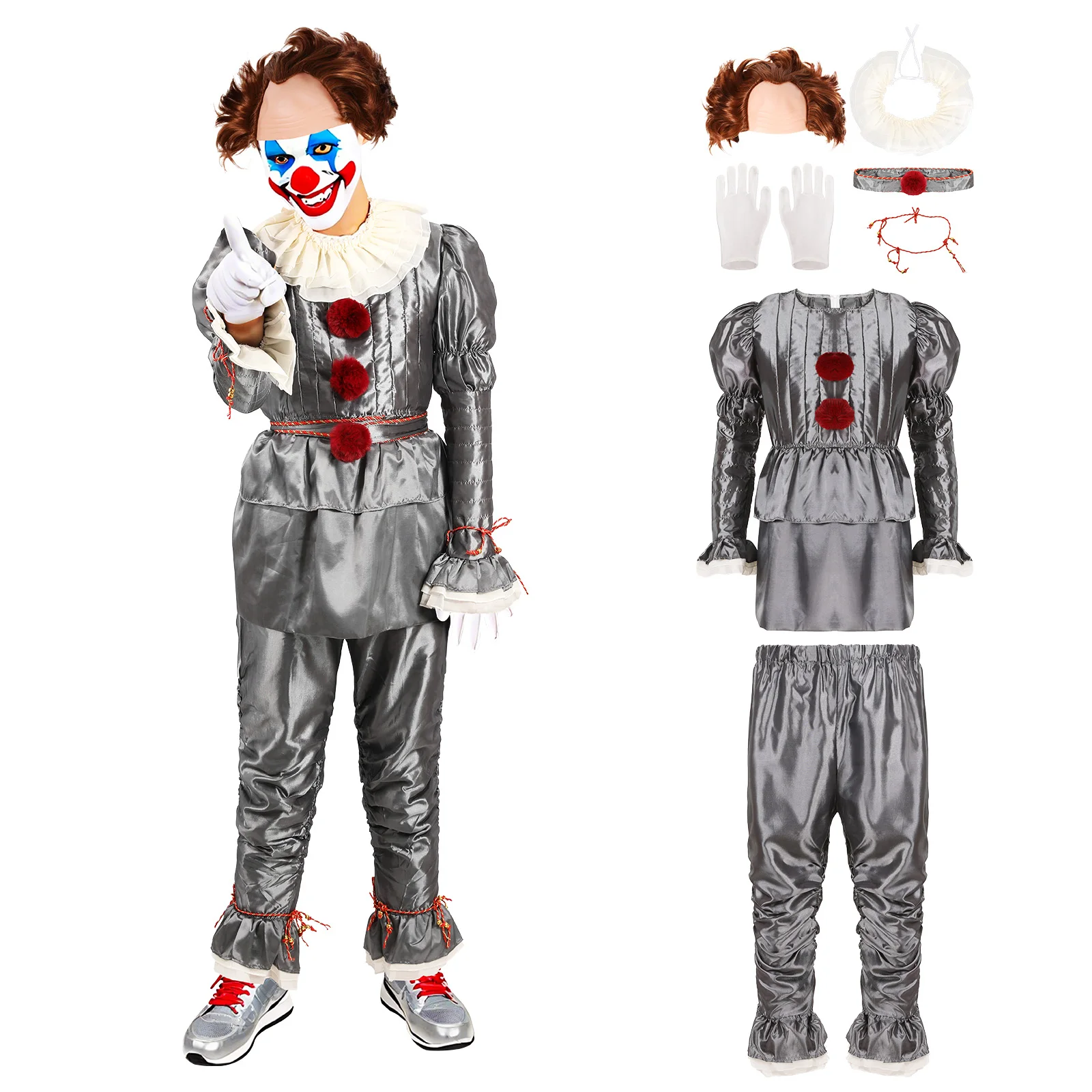 

Scary Clown Silver Costume Adults Creepy Clown Hood Horror Killer Outfit Halloween Cosplay Set Party Suit for Men Women