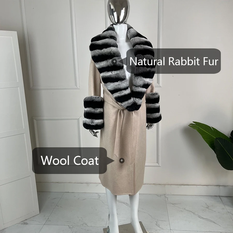 Chinchilla Fur Coat Women's Cashmere Wool Long Coat With Real Rabbit Fur Collar Cuffs High Quality