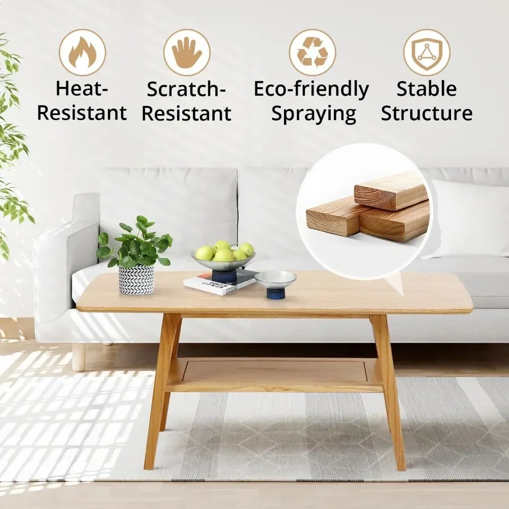 Coffee Table, Solid Wood Coffee Tables with Storage Shelf and Open Tabletop, Coffee Table