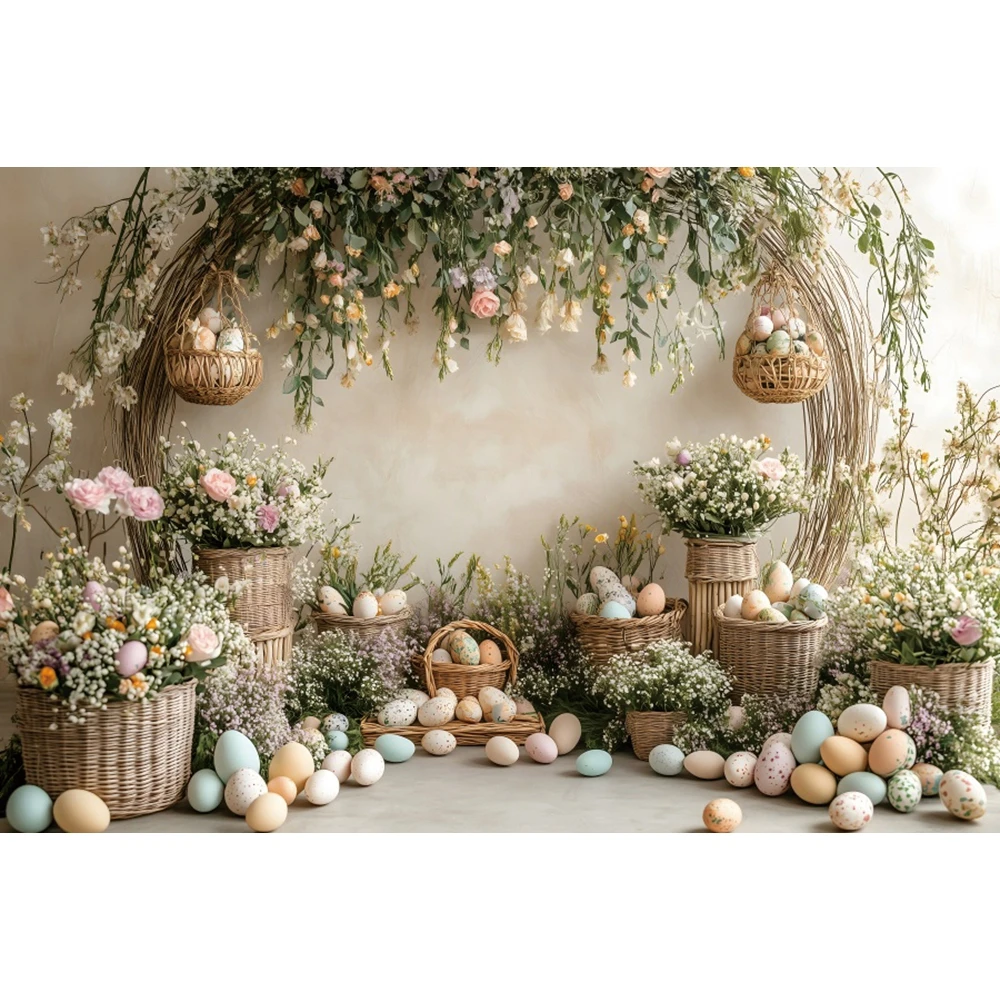 Spring Easter Photography Background Boho Flower Arch Door Bunny Colorful Eggs Rabbit Kids Birthday Decor Backdrop Photobooth